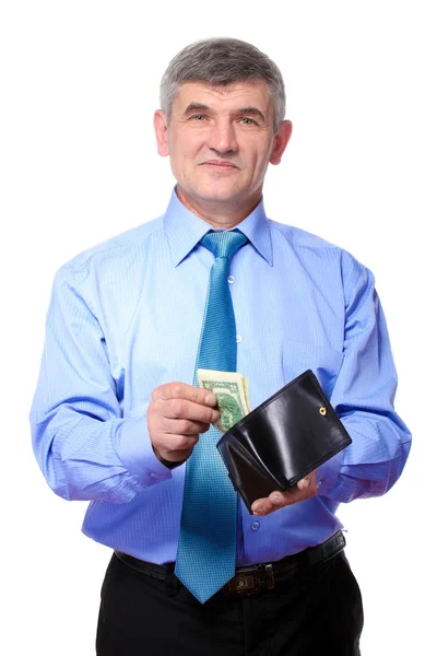 Zakenman gelooft het geld geïsoleerd op wit — Stockfoto