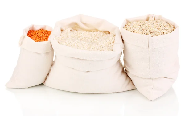 Bez çanta üzerinde beyaz izole tahıl — Stok fotoğraf