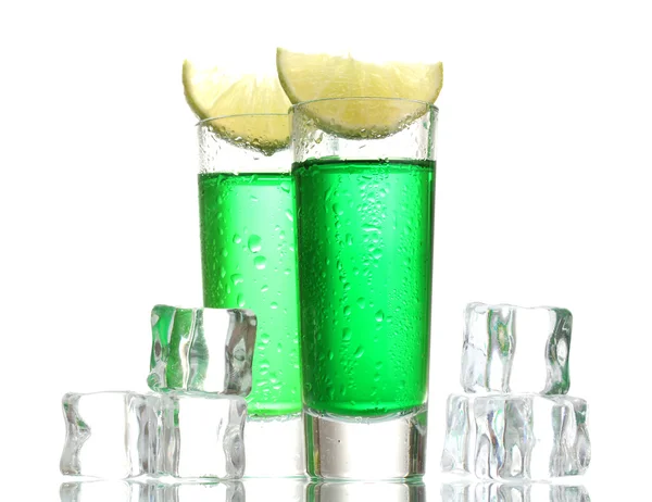 Glasses of absinthe, ice and lime isolated on white — Stock Photo, Image