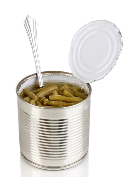 Open tin can of french bean with spoon isolated on white — Stock Photo, Image