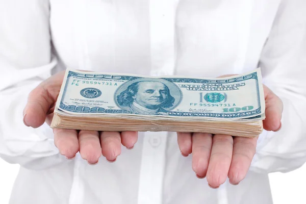 Amerikanska dollar i ett kvinnor händer på en vit bakgrund — Stockfoto