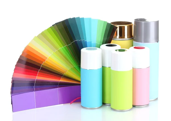 Aerosol cans and bright paper palette isolated on white — Stock Photo, Image