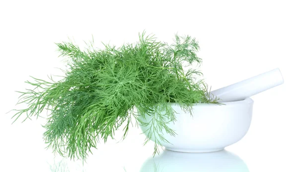 Dill in a mortar and pestle isolated on white — Stock Photo, Image