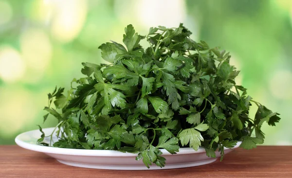 Parsley in a white plate on green background — Stock Photo, Image