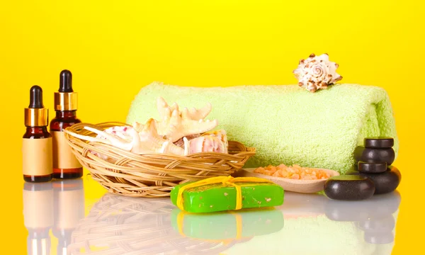 Composition of funds required for spa care on yellow background — Stock Photo, Image