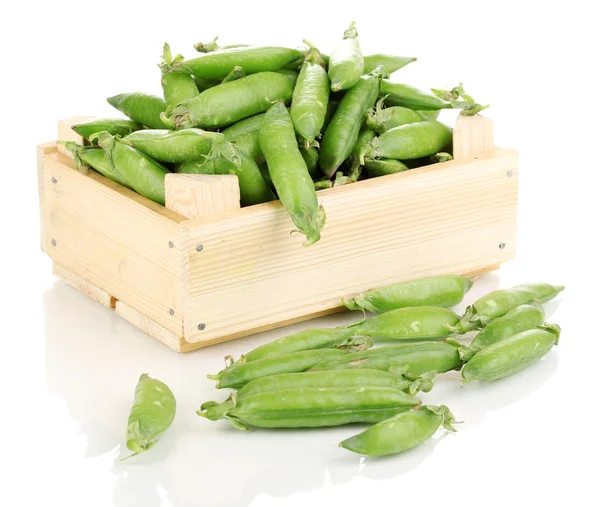 Green peas in crate isolated on white — Stock Photo, Image