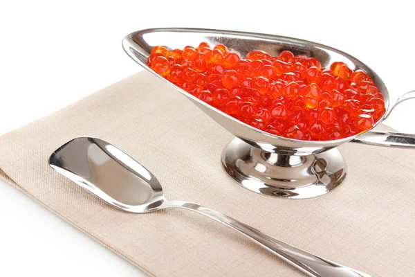 Röd kaviar i silver skål isolerad på vit — Stockfoto