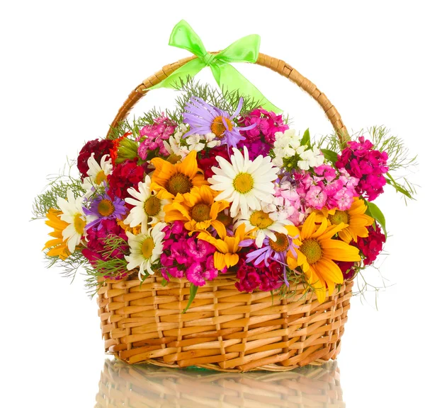 Beautiful bouquet of bright wildflowers in basket, isolated on white — Stock Photo, Image