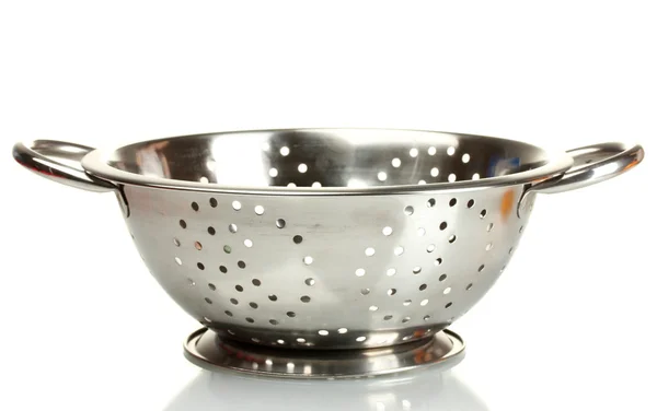 Empty silver colander isolated on white — Stock Photo, Image