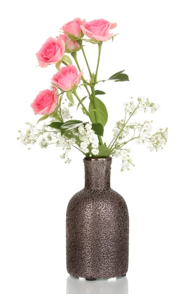 Pink roses in vase isolated on white — Stock Photo, Image