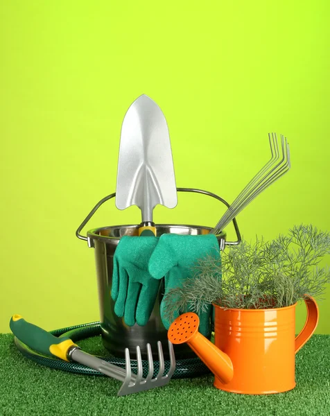 Garden tools on lawn on bright colorful background close-up Stock Picture