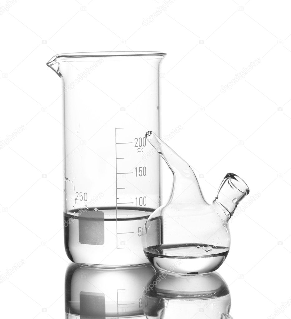 Measuring beaker and Schuster's dropper with water and reflection isolated on white