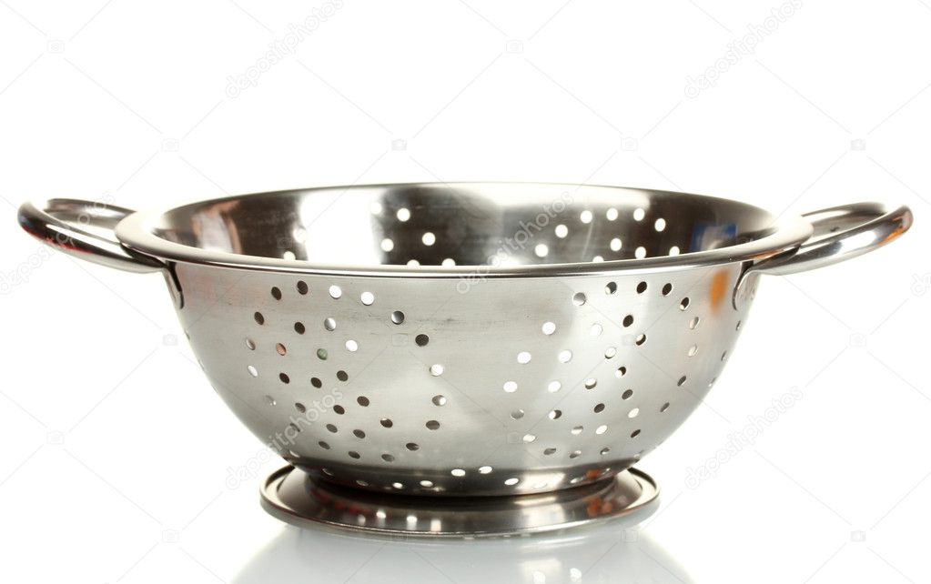 Empty silver colander isolated on white