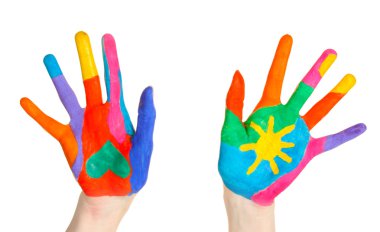 Brightly colored hands on white background close-up clipart