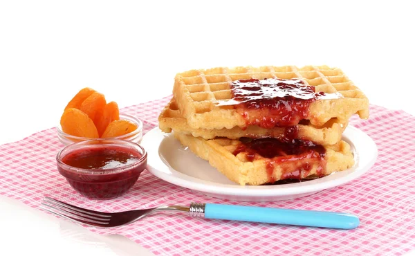 Tasty waffles with jam on plate isolated on white — Stock Photo, Image