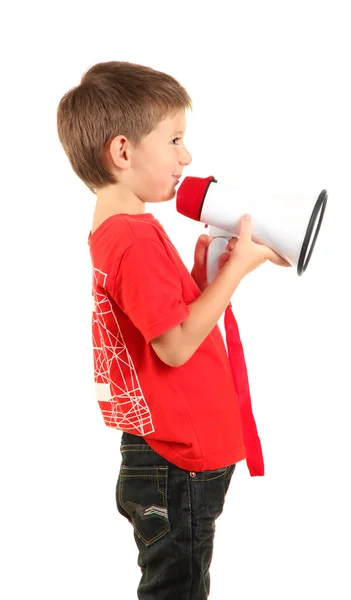 Porträt eines kleinen Jungen mit Lautsprecher isoliert auf weiß — Stockfoto