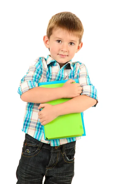 Funny little boy with books isolated on white — Stock Photo, Image