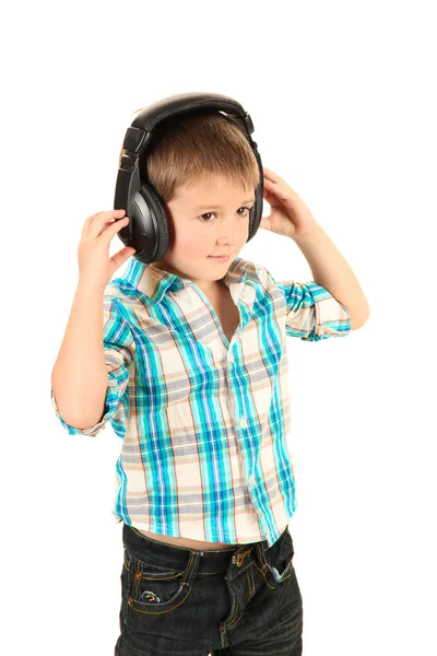 Engraçado menino com fones de ouvido isolado no branco — Fotografia de Stock