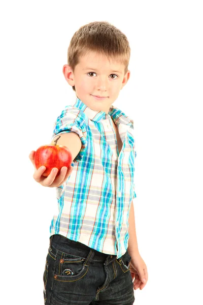 Funny little boy with apple isolated on white — Stock Photo, Image