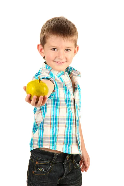 Смішний маленький хлопчик з яблуком ізольований на білому — стокове фото