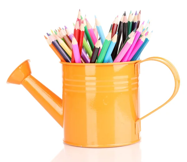 Color pencils in watering can isolated on white — Stock Photo, Image