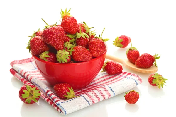 Sweet ripe strawberries in bowl isolated on white — Stock Photo, Image