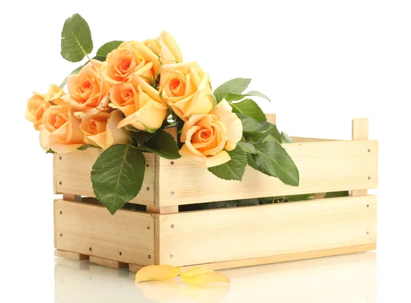 Beautiful bouquet of roses in wooden box isolated on white — Stock Photo, Image