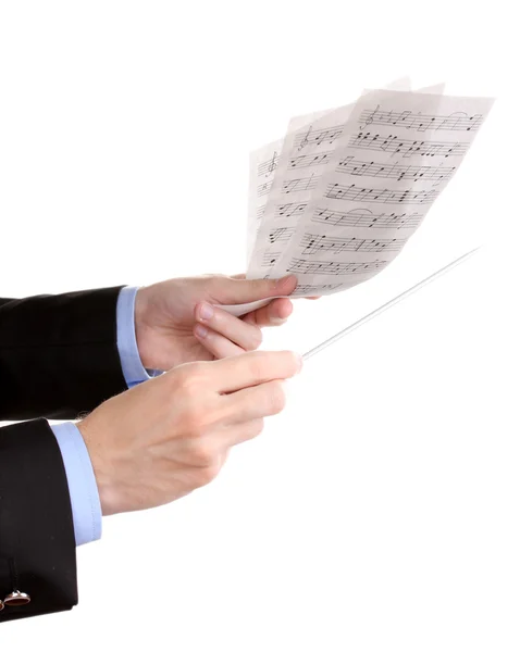 Mãos de maestro de música com bastão e notas isoladas em branco — Fotografia de Stock