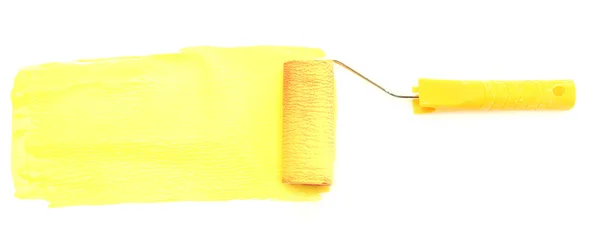 Paint roller with yellow paint isolated on white — Stock Photo, Image