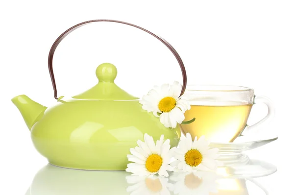 Teapot and cup with chamomile tea isolated on white — Stock Photo, Image