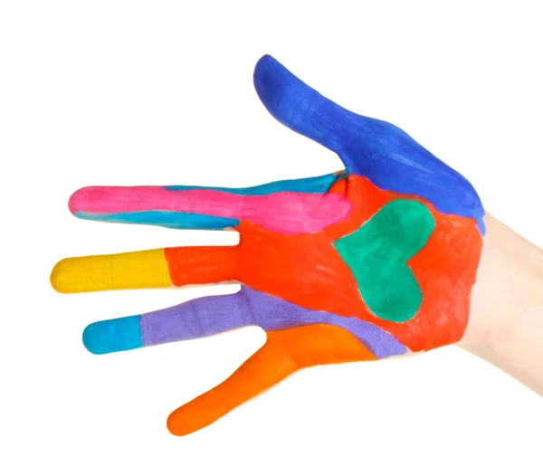 Brightly colored hand on white background close-up — Stock Photo, Image