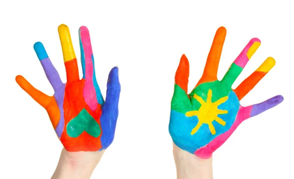 Brightly colored hands on white background close-up — Stock Photo, Image