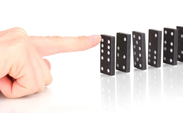 Kézzel nyomja a dominó elszigetelt fehér — Stock Fotó