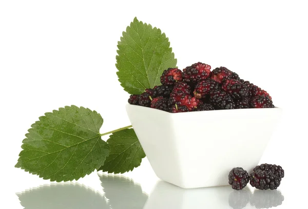 White bowl with ripe mulberries isolated on white — Stock Photo, Image