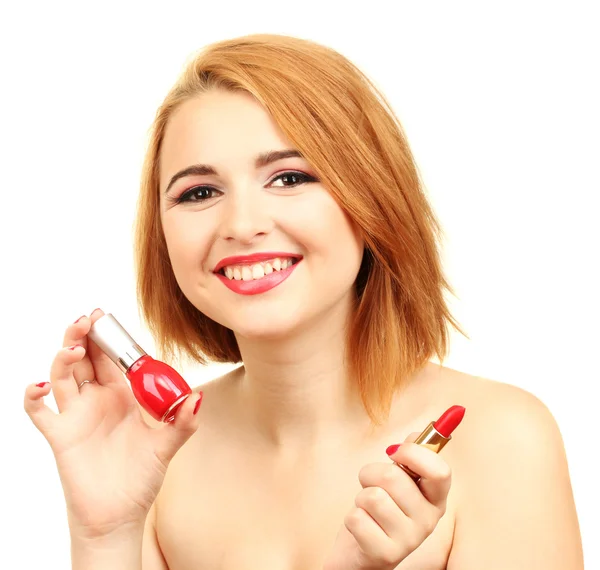 Retrato de mujer joven sexy con esmalte de uñas rojo y lápiz labial —  Fotos de Stock