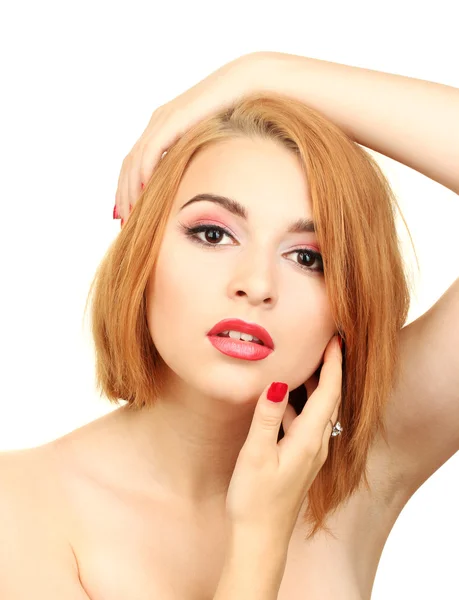 Portrét přitažlivé mladé ženy s glamour make-upu a červená manikúra — Stock fotografie