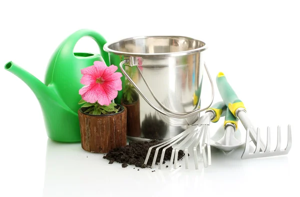 Konev, kbelík, nástroje a rostliny v květináč izolovaných na bílém — Stock fotografie