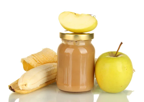 Frasco com banana e maçã alimentos para bebés isolado em branco — Fotografia de Stock