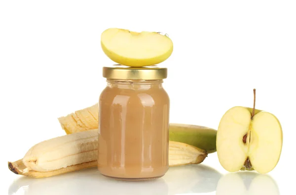 Tarro con plátano y manzana bebé alimentos aislados en blanco — Foto de Stock