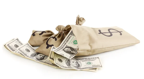 Taschen mit Geld isoliert auf weiß — Stockfoto