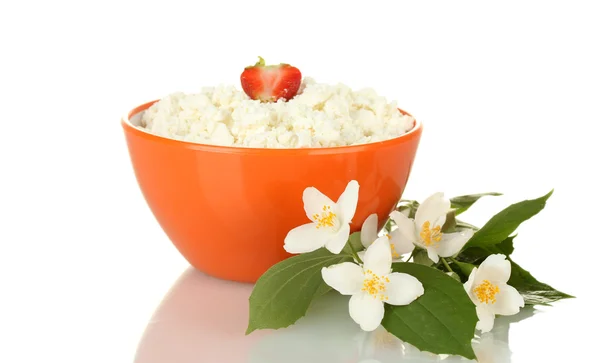 Cottage cheese with strawberry in orange bowl and flowers isolated on white — Stock Photo, Image