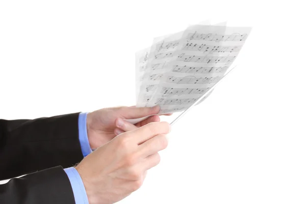 Zene karmester kezet baton és megjegyzések elszigetelt fehér — Stock Fotó