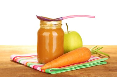 Jar with carrot and apple baby food, spoon and carrots and apples on colorful napkin on white background close-up clipart
