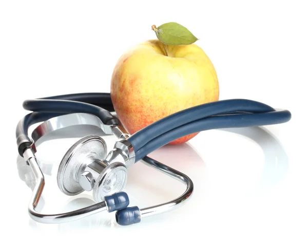 Medizinisches Stethoskop und Apfel isoliert auf weiß — Stockfoto