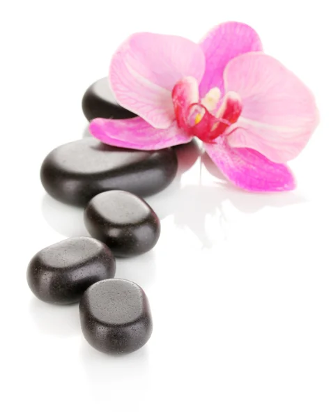 Spa stenen met orchideebloem geïsoleerd op wit — Stockfoto