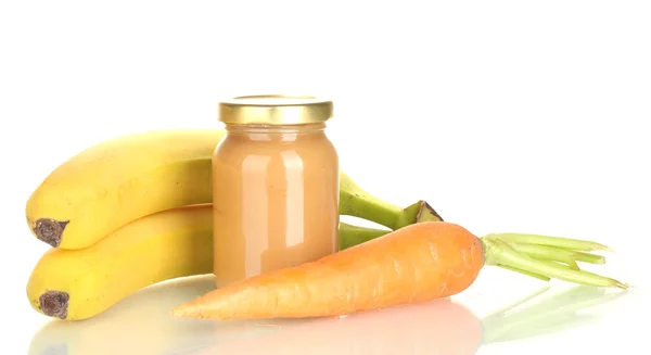 Glas mit Obst und Gemüse Babynahrung isoliert auf weiß — Stockfoto