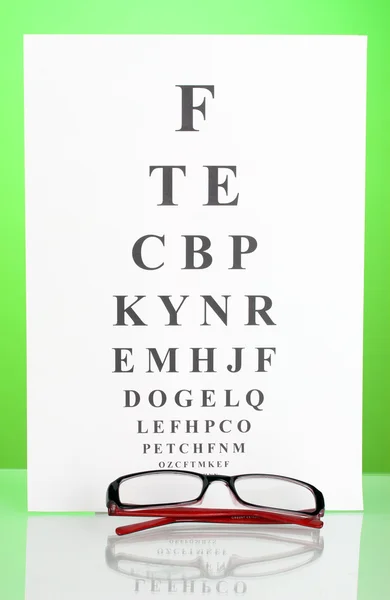 Grafico di prova della vista con occhiali su sfondo verde primo piano — Foto Stock