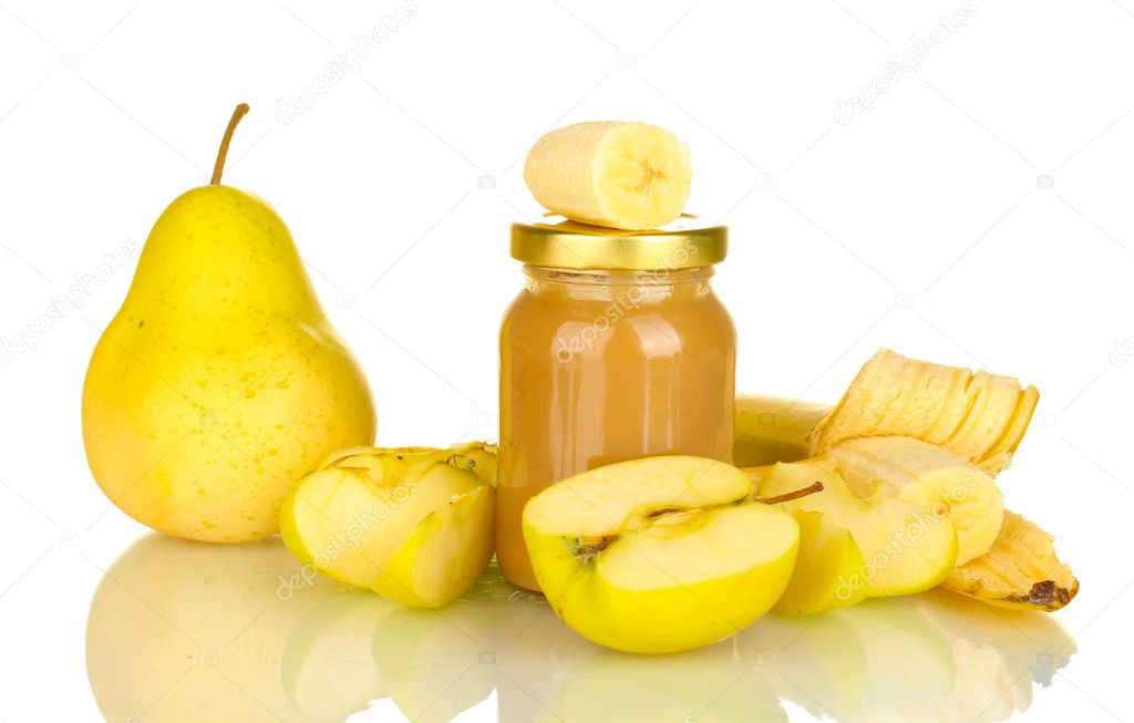Jar with fruit baby food isolated on white