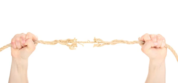 Rompiendo la cuerda en las manos aisladas en blanco —  Fotos de Stock
