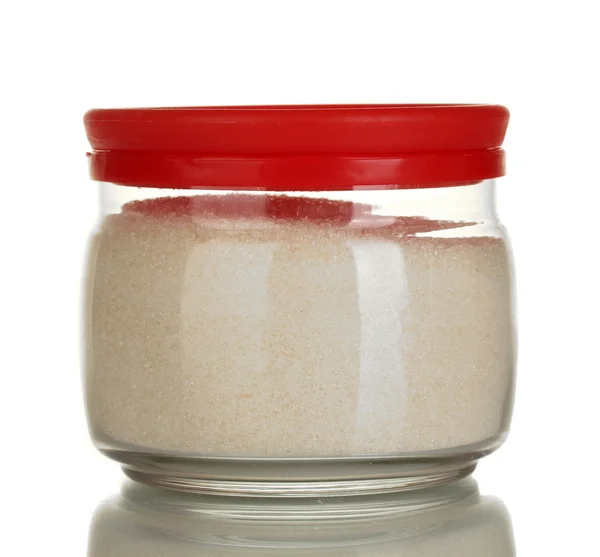 Jar with white crystal sugar isolated on white — Stock Photo, Image